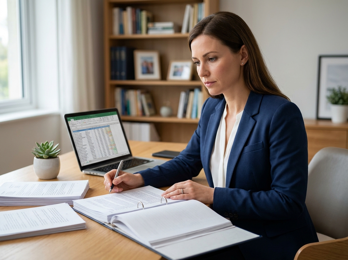 Femme entrepreneur examinant des documents légaux pour la création de son entreprise à son bureau à domicile
