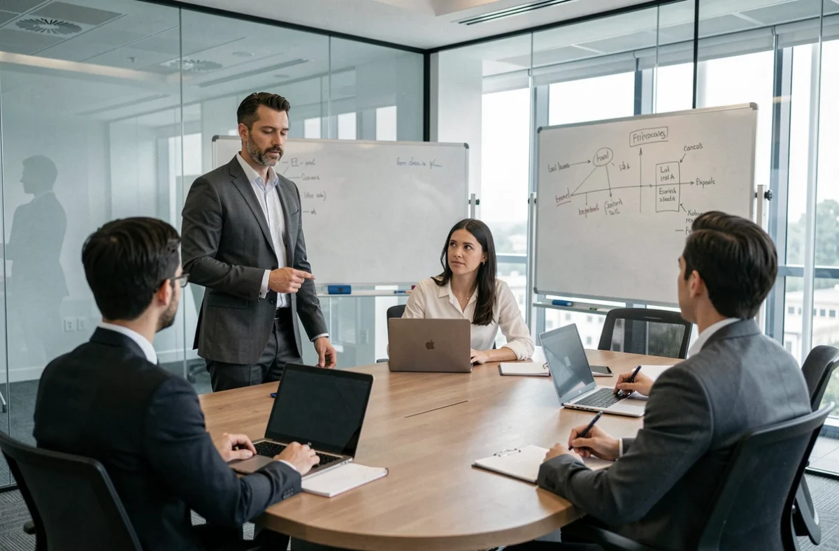 Entrepreneur présentant son activité à des membres d'un cercle B2B dans une salle de réunion professionnelle