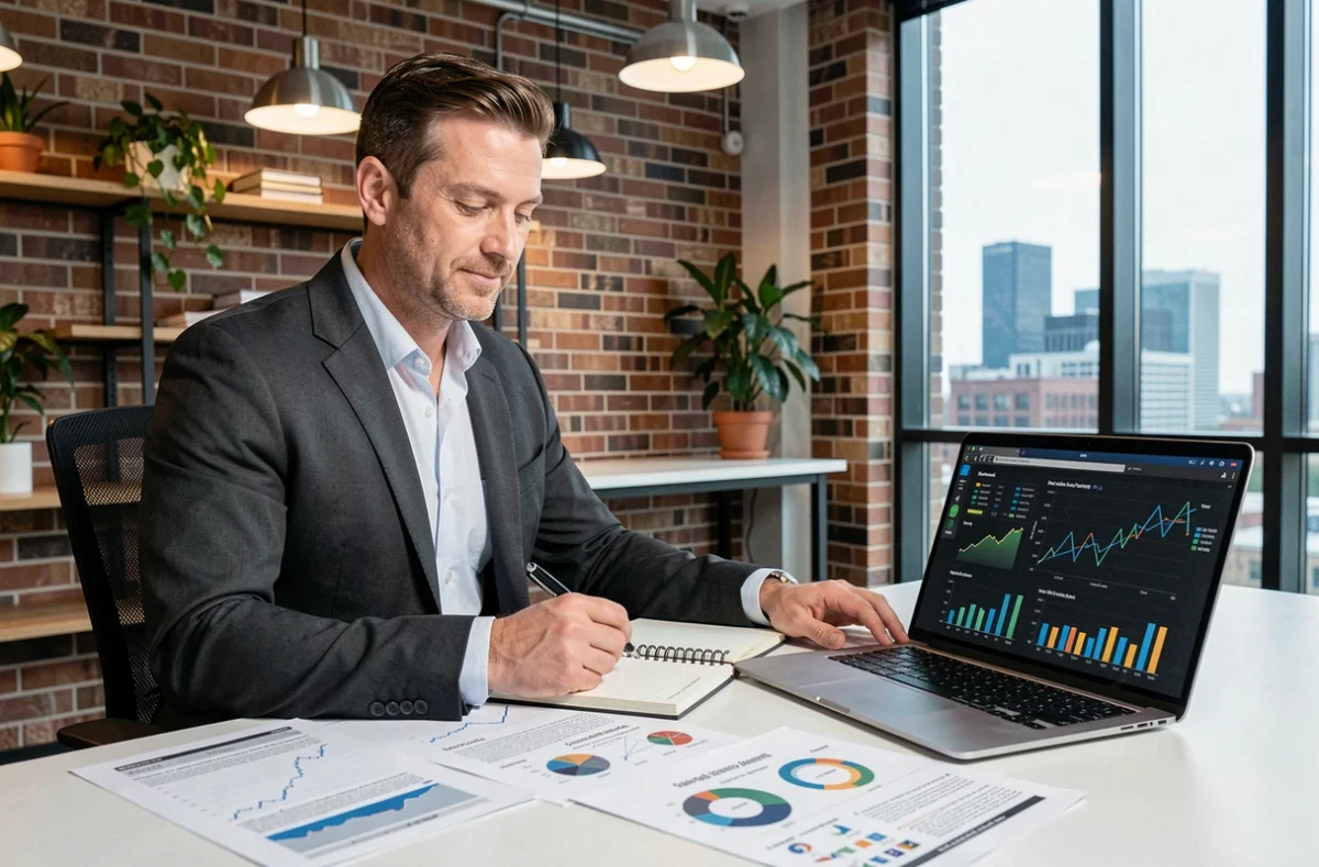 Entrepreneur en startup étudiant des rapports de tendances économiques pour anticiper la compétitivité en 2026