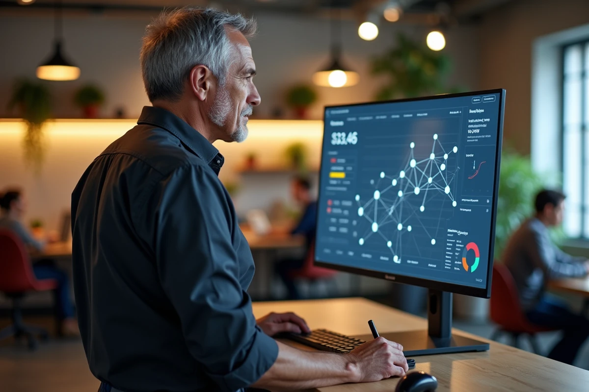 Entrepreneur analysant un tableau de bord de réseau B2B sur écran dans un espace de co-working moderne pour sécuriser sa croissance en 2026
