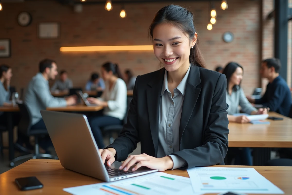 Entrepreneuse analysant un comparatif de coûts entre une agence marketing traditionnelle et un outil d'intelligence artificielle dans un espace de co-working