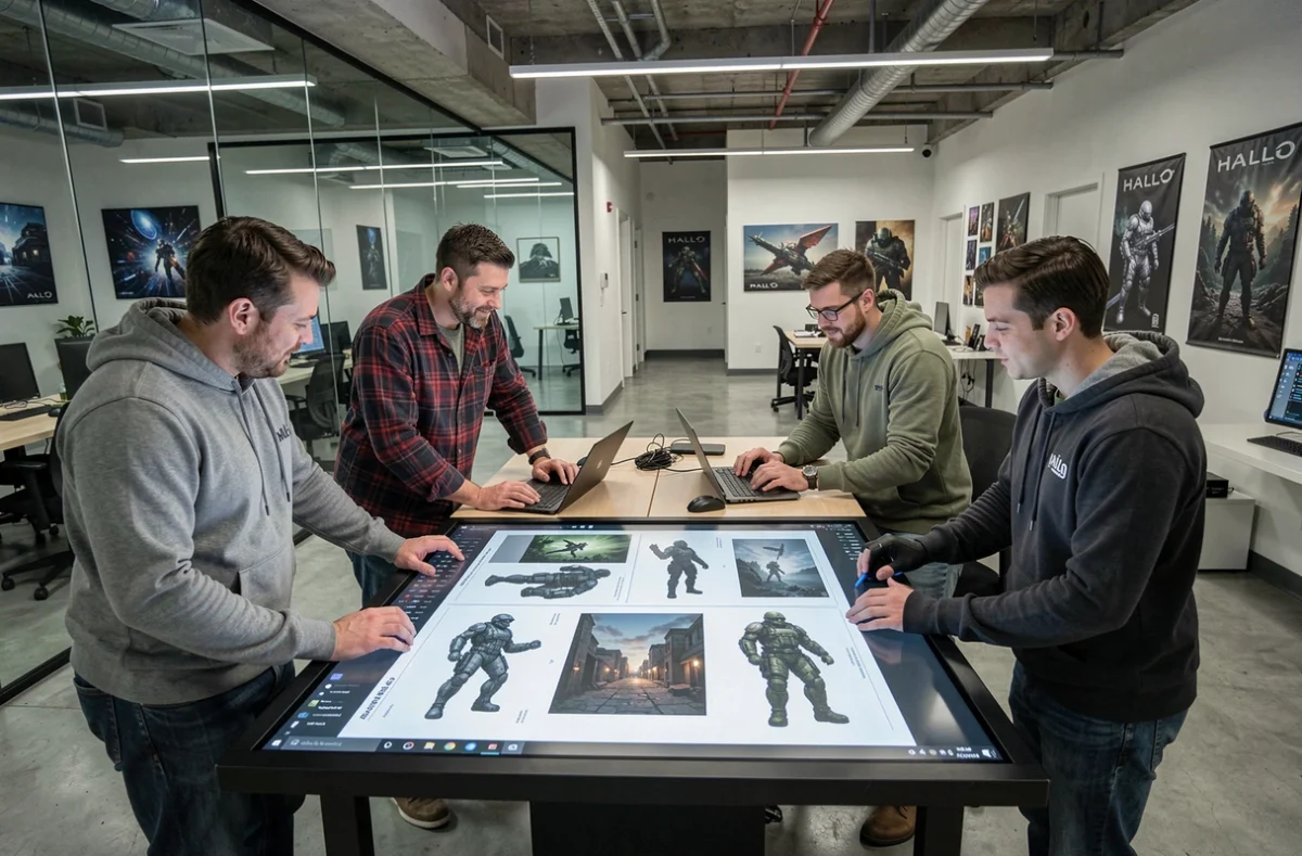 Équipe de concepteurs de jeux discutant des plans du prochain grand projet Halo autour d'une table de travail interactive