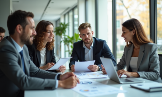 Groupe de professionnels en réunion dans un bureau lumineux pour analyser des finances
