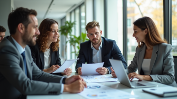 Groupe de professionnels en réunion dans un bureau lumineux pour analyser des finances