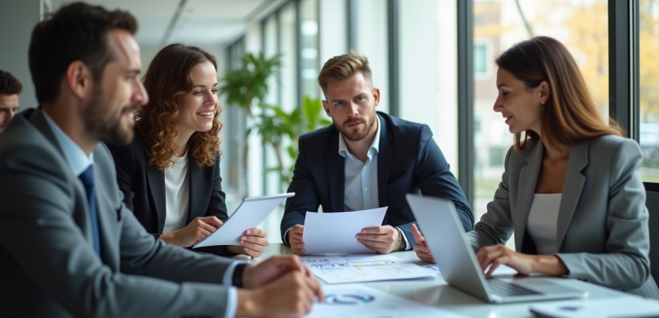 Groupe de professionnels en réunion dans un bureau lumineux pour analyser des finances