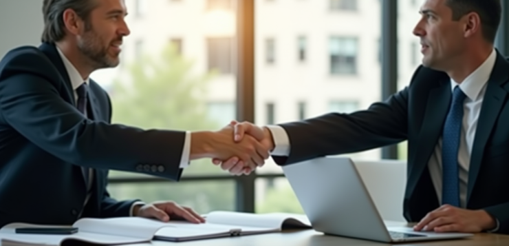 Deux professionnels d'affaires se serrant la main dans un bureau lumineux