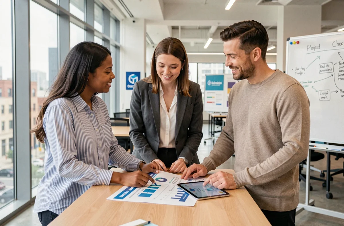 Équipe marketing en agence analysant ensemble un rapport comparatif d'outils de marketing digital