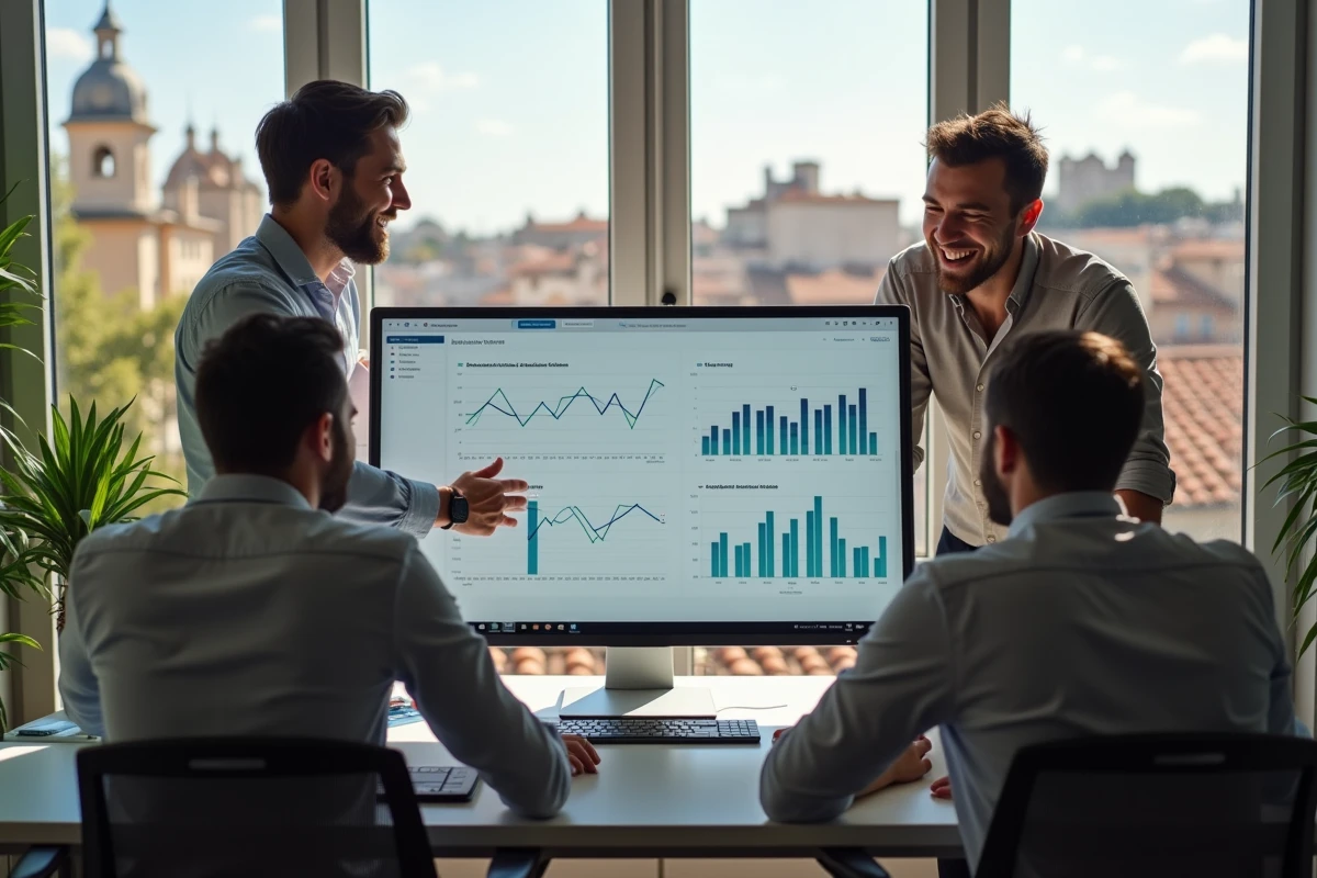 Équipe d'une agence digitale à Montpellier collaborant sur des résultats de campagne marketing pour des entrepreneurs locaux