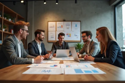 Équipe d'une agence marketing stratégique en réunion autour d'une table pour préparer un lancement produit