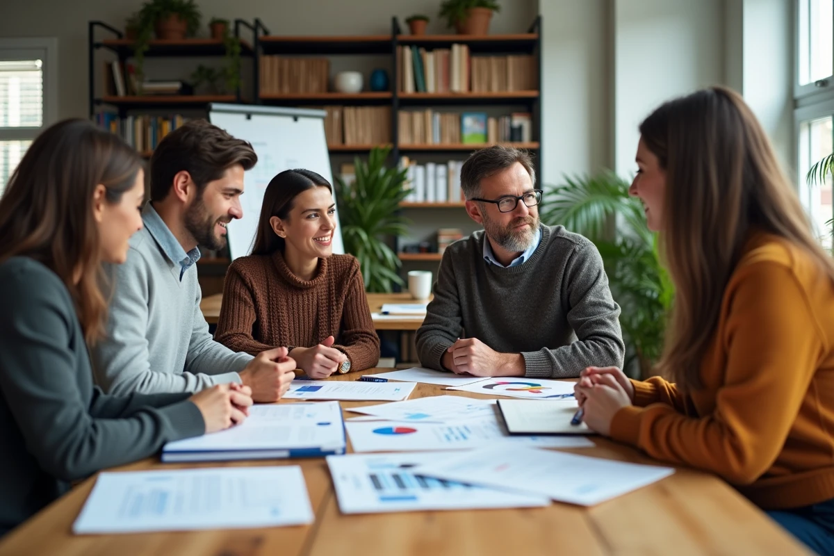 Équipe mixte d'une association d'utilité publique analysant une stratégie de mécénat d'entreprise
