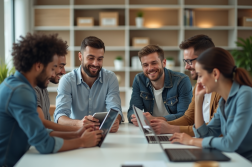 Groupe de collaborateurs en réunion dans un bureau moderne