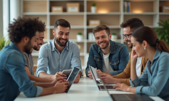 Groupe de collaborateurs en réunion dans un bureau moderne