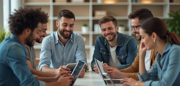 Groupe de collaborateurs en réunion dans un bureau moderne