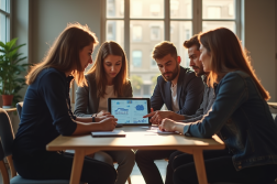 Groupe de travailleurs de bureau discutant avec tablette AI