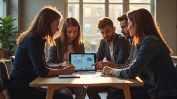Groupe de travailleurs de bureau discutant avec tablette AI