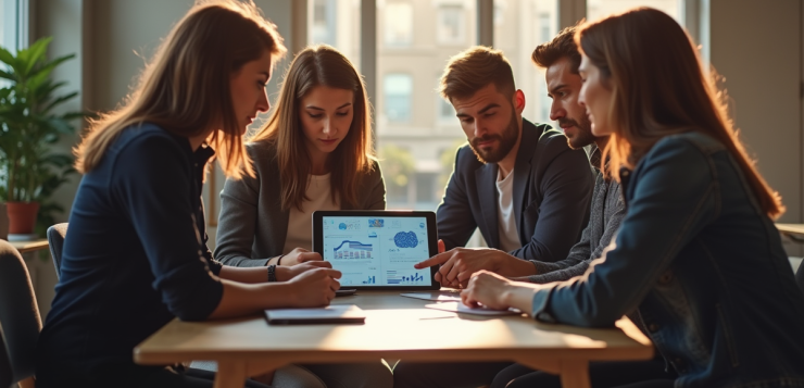 Groupe de travailleurs de bureau discutant avec tablette AI