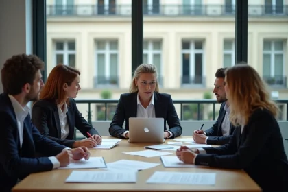 Groupe de professionnels parisiens en réunion au bureau
