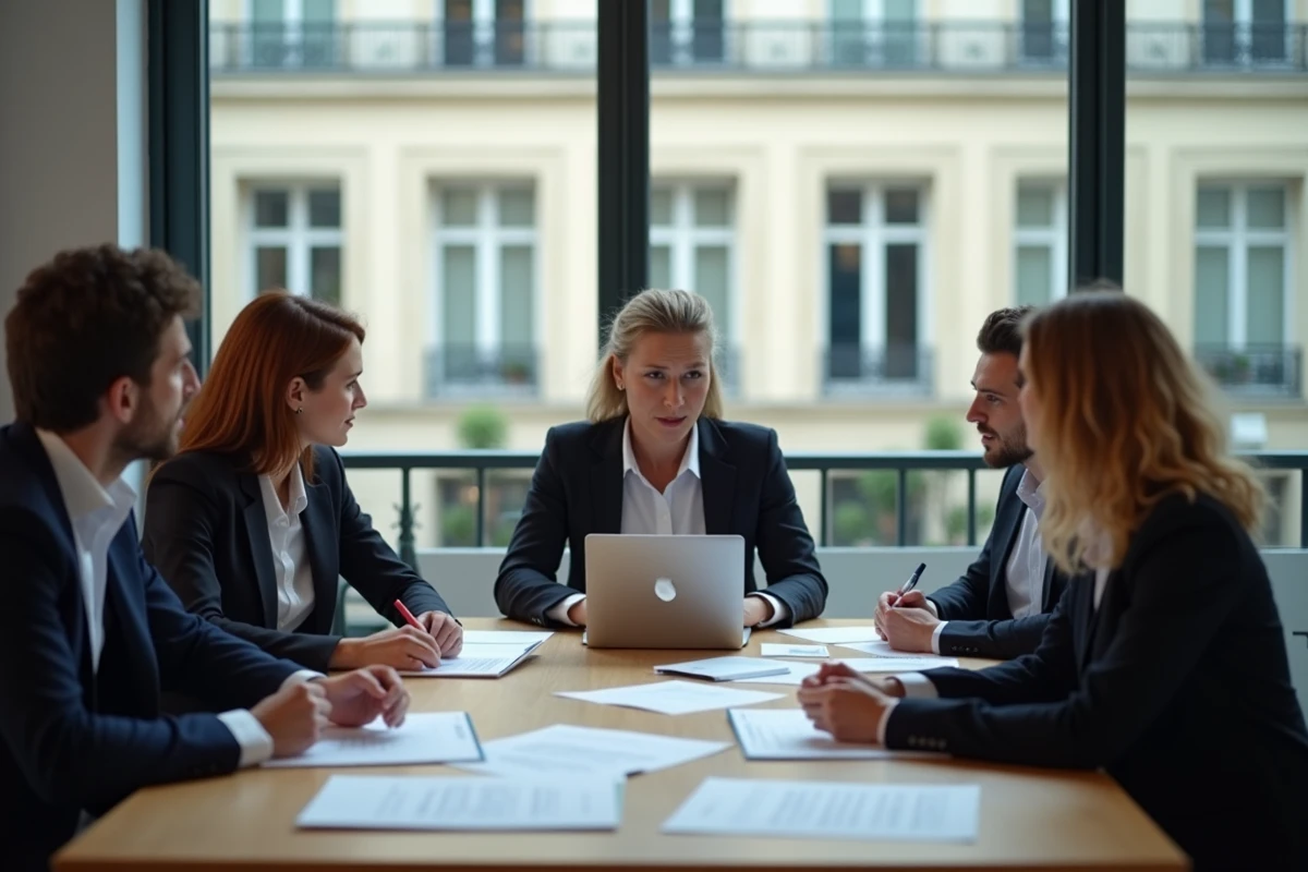 Groupe de professionnels parisiens en réunion au bureau