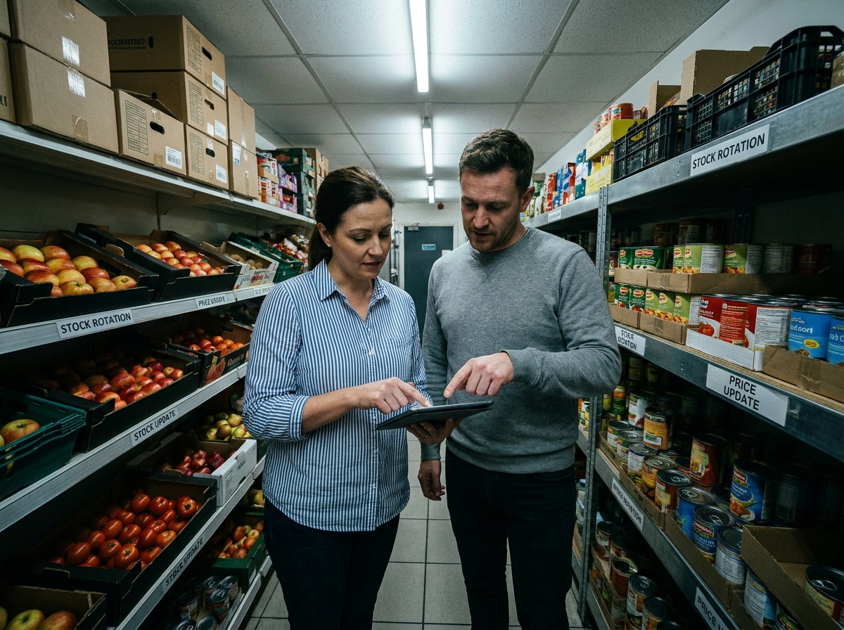 Deux employés d'épicerie consultant une tablette pour optimiser la gestion des stocks en réserve