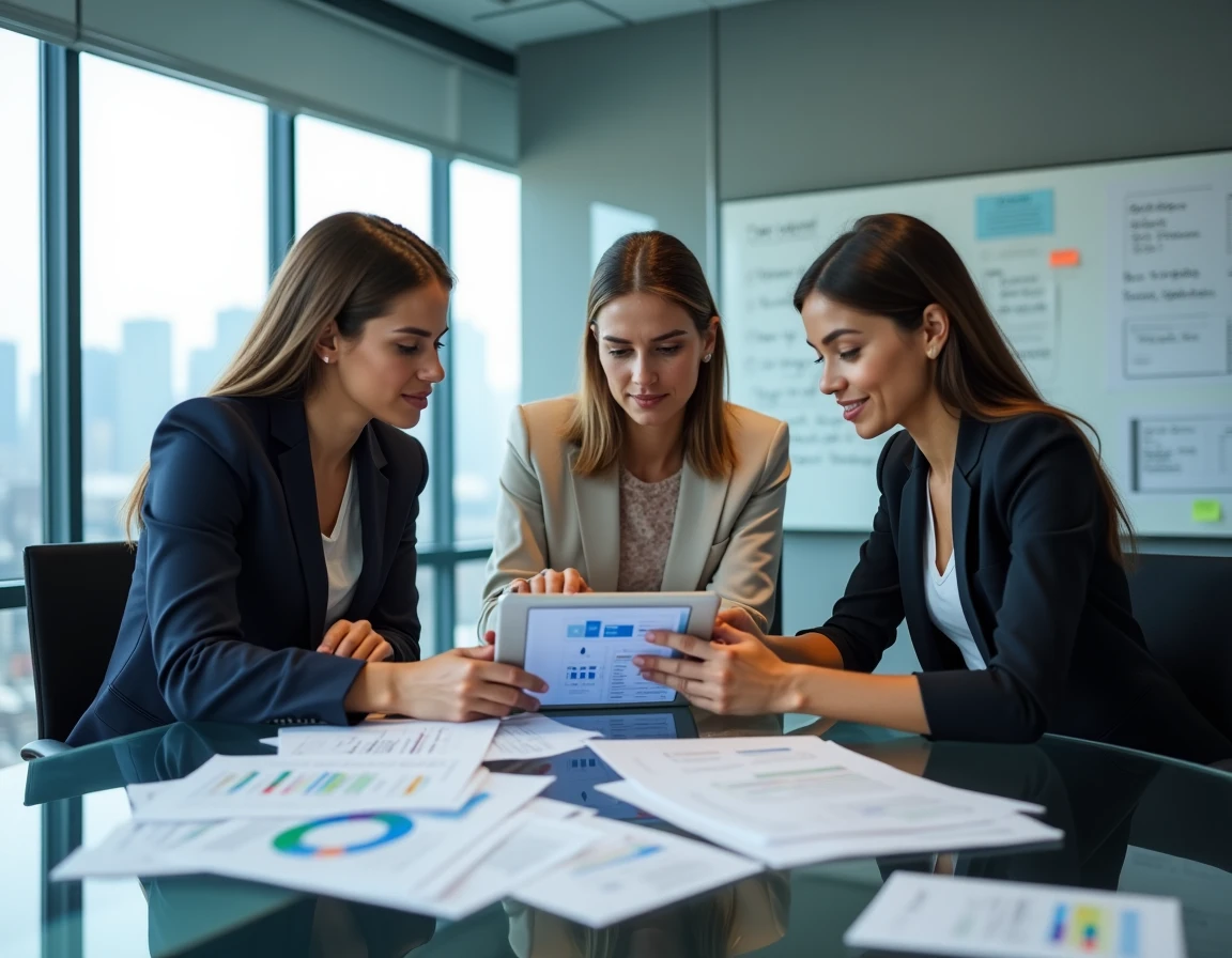 Équipe marketing en réunion évaluant les prix des solutions IA pour décideurs dans une salle de conférence moderne