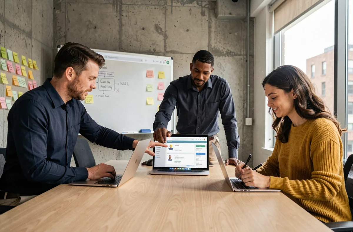 Équipe collaborative gérant des accès multi-utilisateurs sur plusieurs appareils lors d'une réunion de travail