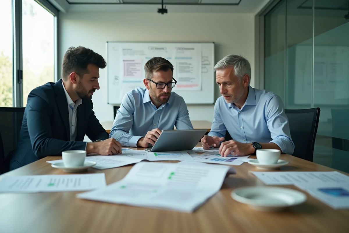 Équipe de PME en réunion pour la mise en place et la configuration de Planbi dans une salle de conférence
