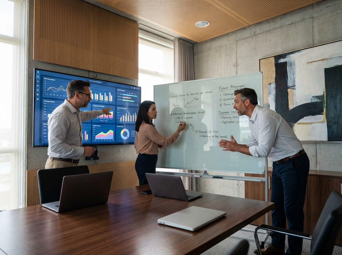 Groupe de managers analysant des données sur un tableau digital