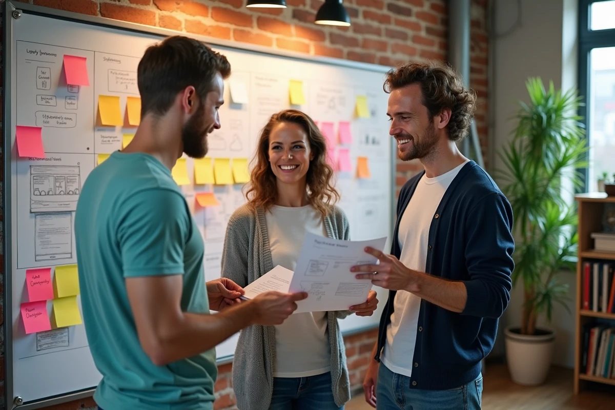Groupe de jeunes entrepreneurs discutant devant un mur de brainstorming