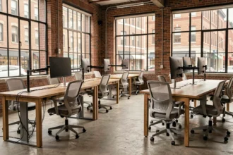 Espace de coworking moderne avec bureaux en bois, chaises ergonomiques et décoration industrielle
