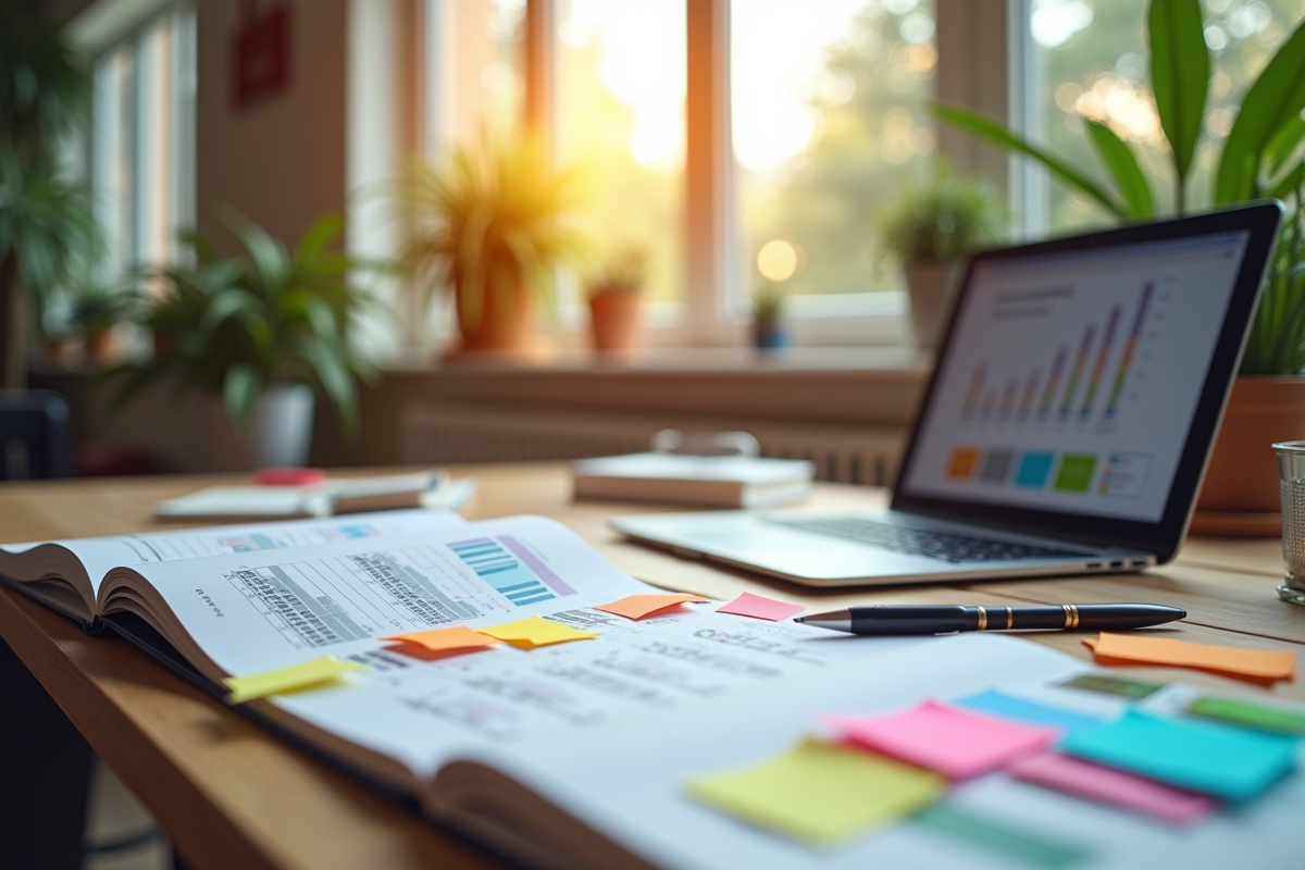 Espace de travail créatif avec notes et ordinateur marketing