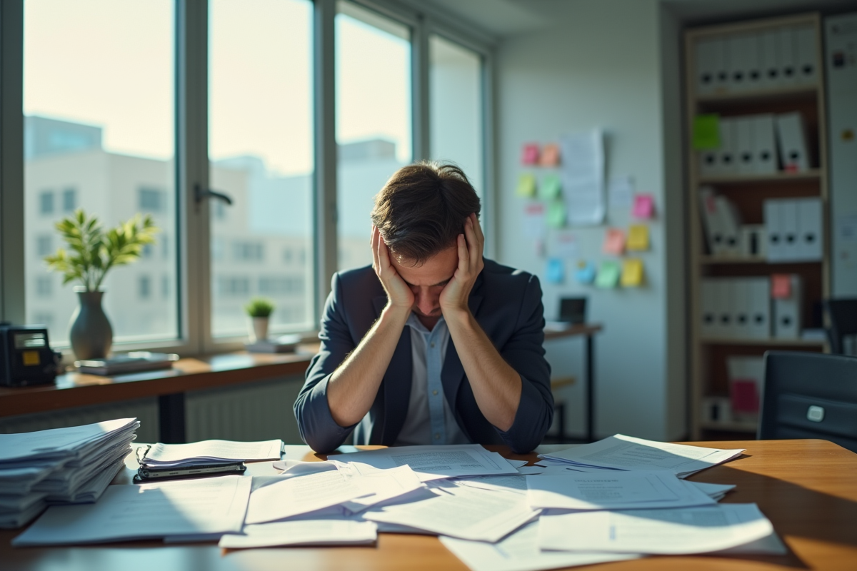 Cadre stressé au bureau entouré de papiers et notifications