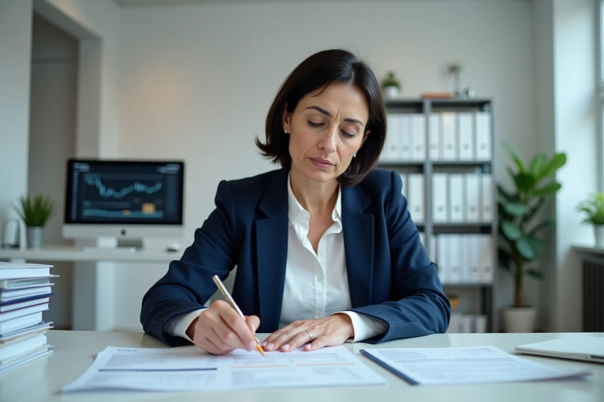 Femme d'entreprise examinant une facture portant la mention IN Groupe dans un bureau moderne