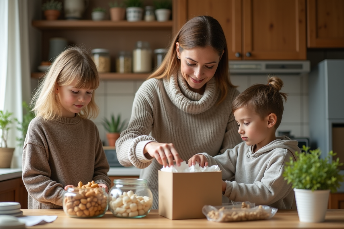 Famille triant des déchets dans une cuisine chaleureuse