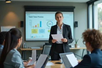 Femme d'affaires confiante en réunion de bureau moderne