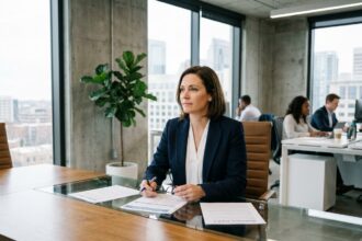 Femme d'affaires consultant des documents d'assurance professionnelle dans un bureau moderne