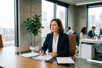 Femme d'affaires consultant des documents d'assurance professionnelle dans un bureau moderne