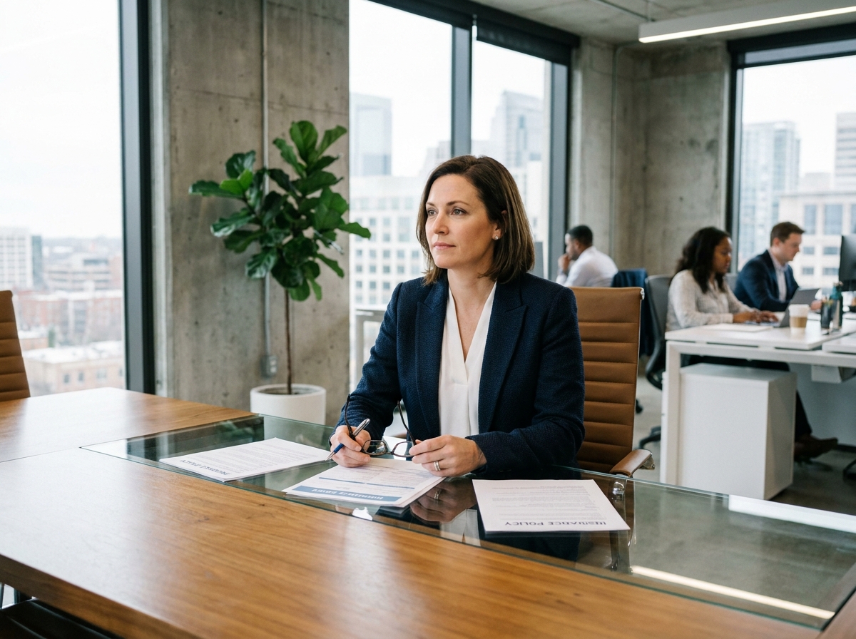 Femme d'affaires consultant des documents d'assurance professionnelle dans un bureau moderne