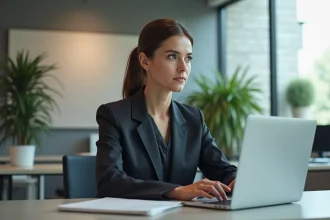 Femme d affaires concentrée travaillant sur son ordinateur dans un bureau moderne