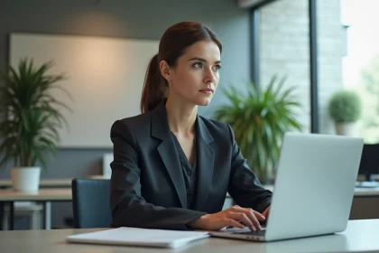 Femme d affaires concentrée travaillant sur son ordinateur dans un bureau moderne