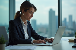 Femme d'affaires en bureau moderne regardant son ordinateur