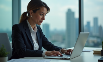 Femme d'affaires en bureau moderne regardant son ordinateur