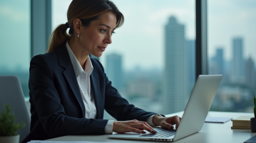 Femme d'affaires en bureau moderne regardant son ordinateur