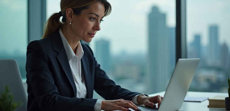 Femme d'affaires en bureau moderne regardant son ordinateur