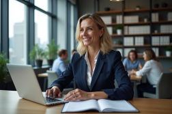 Femme d'affaires en bureau moderne travaillant sur son ordinateur
