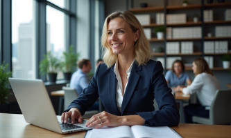 Femme d'affaires en bureau moderne travaillant sur son ordinateur