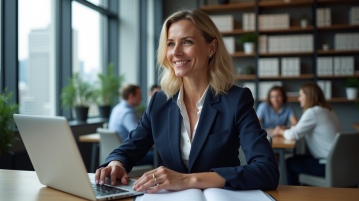 Femme d'affaires en bureau moderne travaillant sur son ordinateur