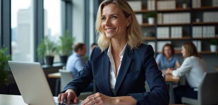 Femme d'affaires en bureau moderne travaillant sur son ordinateur