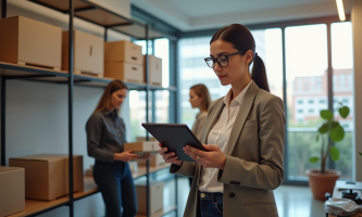 Femme d'affaires dans un bureau moderne discutant avec son équipe