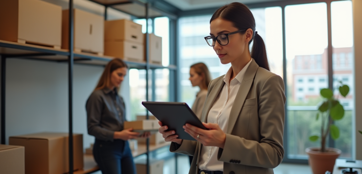 Femme d'affaires dans un bureau moderne discutant avec son équipe