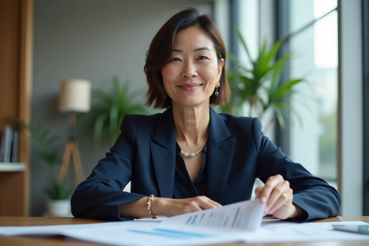 Femme d'affaires confiante en costume navy lors d'une revue de rapports
